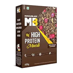 MuscleBlaze High Protein Muesli, Dark Chocolate & Cranberry, 18 g Protein, with Superseeds, Raisins & Almonds, Ready to Eat Healthy Snack, 400 g