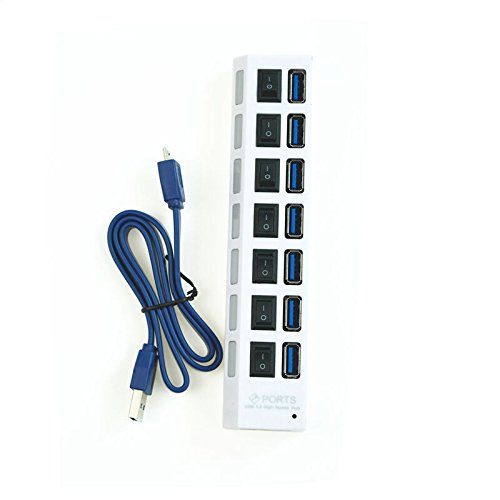 USB HUB,Superspeed USB Datenhub 7 Ports 3.0 Ultralight Verteiler mit Diagnose LED Anzeige Unterstützt Hot Plugin bzw Plug & Play mit Energiespar Schalter für PC Laptop Notebook Computer Windows MAC (Weiß)