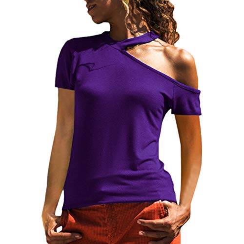 Preisvergleich Produktbild CixNy Damen T Shirts, Kurzarm Bluse Camisole Trägershirts Sommer Einfarbig Shoulder Unregelmäßige Slim Fit Crop Vest Weste Oberteil Tops (Lila, XX-Large)