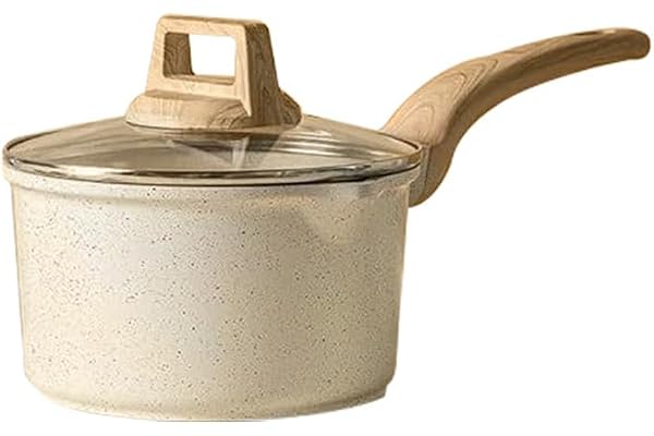 HomeEssentials Maifan Stone Sauce Pan Nonstick Pan with Glass Lid & Wooden Handle Small Saucepan Cooking Pan for Soup, Noodles, Tea, Pasta & Steamed Vegetables (White)
