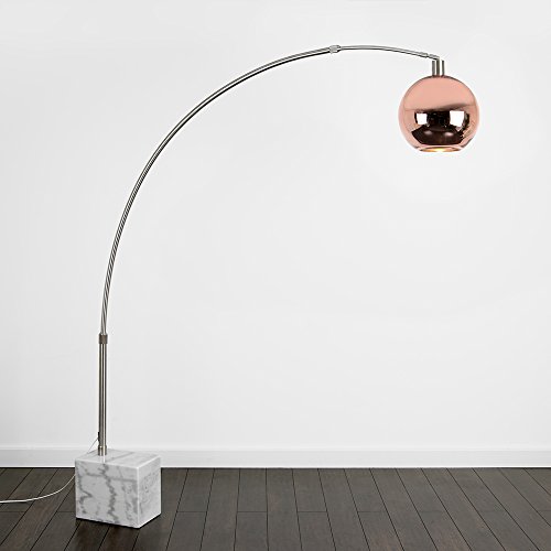 Designer Style Adjustable Curved Stem Brushed Chrome & White Marble Base Arkos Floor Lamp - Complete with a Copper Effect Metallic Glass Globe Shade