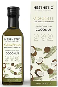 Hesthetic GlowPress Skin Care Coconut Oil 100 ML | Cold Pressed Extra Virgin Coconut Oil | Made with Certified Organic Desiccated Coconut | UV Protected Glass Bottle | Used for Consumption, Healing Wounds and, Hydrate Skin
