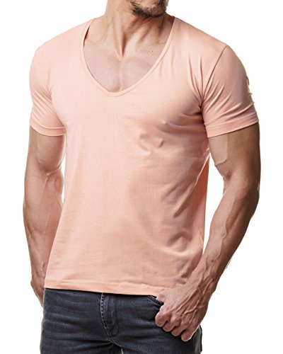 Re Rock - 12 Colores Camisetas Hombre Manga Corta con Cuello En V ajustada - Deep V-Nech Slim Fit T-Shirt - Rosa en S