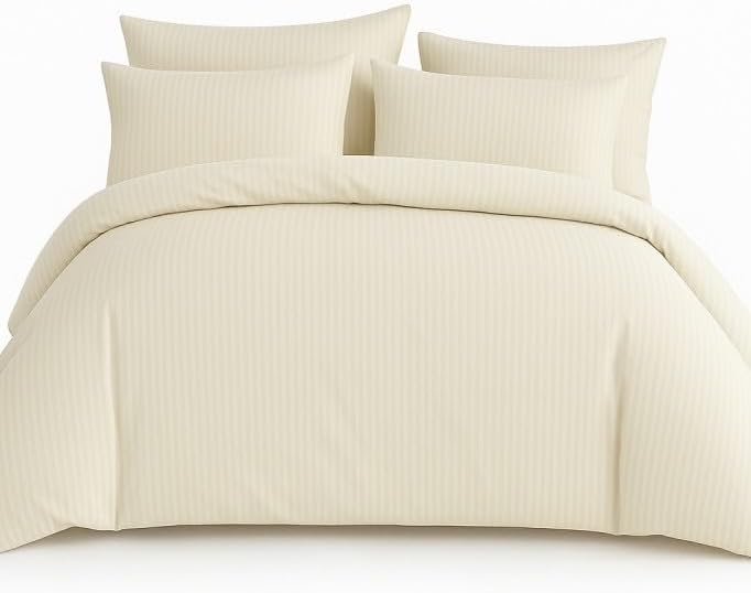 Çift Kişilik Çizgili Saten Nevresim Takımı%100 Pamuk 200x220 - Yumuşak Dokulu Lüks Nevresim Takımı Krem Krem
