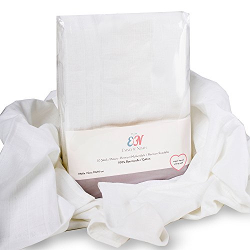 Emma & Noah Mullwindeln, 10er Pack, 100% Baumwolle, Oeko-Tex 100, kochfest 90°C, 70 cm x 70 cm, kuschelig weiche Baby Spucktücher, Farbe: Weiß, ideal als Mulltücher, Stoffwindeln, Molton-Tücher, Stilltuch, Schmusetuch