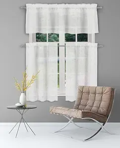 HOME MAISON - Mistie Floral Kitchen Window Curtain Tier & Valance Set, 2 28 X 36 Inch | 1 56 X 15 Inch, White & Silver