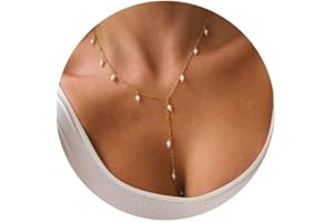 FUNEIA Kette Gold Damen 14K Vergoldete Modeschmuck Kette Lang Y Kette mit Herz Perlen CZ Anhänger Wasserfeste Verstellbare Ankerketten Tropfen Halskette Gold für Frauen Schmuck