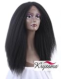 K'ryssma Black Kinky Straight Realistic Wigs for Women Natural Looking Long Synthetic Lace Front Wig Half Hand Tied Heat Resistant Fiber 16 inches