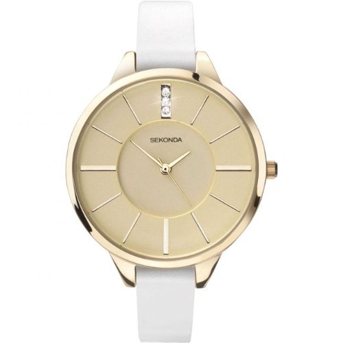 Sekonda Damen-Armbanduhr Goldfarbig mit weiss Lederarmband Analog 4220 Sekonda Damen-Armbanduhr Goldfarbig mit weiss Lederarmband Analog 4220