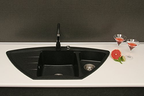 Eckspüle aus Granit VENDETTA in GRAPHIT | Einbauspüle ab 80er Unterschrank | 1,5-Becken-Küchenspüle mit Abtropffläche | Antibakterielle Beschichtung | incl. kompletter Ab-/Überlaufgarnitur + Drehexcenter + 2 Siebkorbventilen - 6