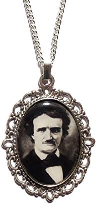 Women Silver Plated Oval Edgar Allan Poe Gothic Necklace Pendant