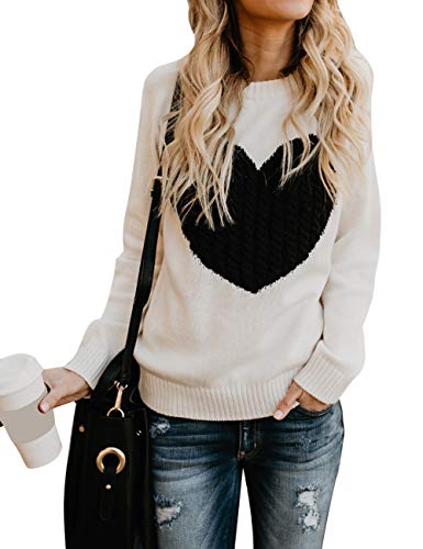 Women Causal Heart Jumpers Cable Knitted Crewneck Cute Pullover Sweater, Beige(only Sell By Allifewithu), Large (UK14-16)