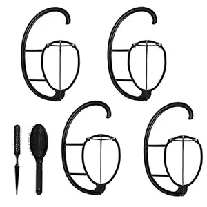 Wig Hanger with Wig Brush Combo,4 Pack Portable Hanging Wig Stand for All Wigs and Hats Holder,Collapsible Wig Dryer,Wig comb set for synthetic wigs(Black)