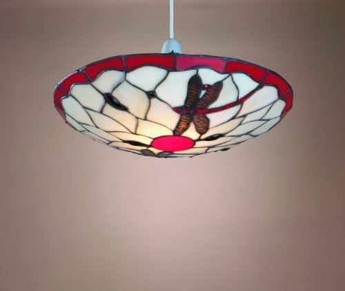 Tiffany Style Stained Glass Metal Dragonfly Uplighter Ceiling Light Shade, 36cm - Red