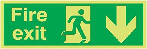 Signs and Labels AMZFX04211L "Fire Exit Running Man Arrow Down" Safe Condition Safety Sign, Nite Glo Self Adhesive Vinyl, 150 mm Length x 450 mm Width