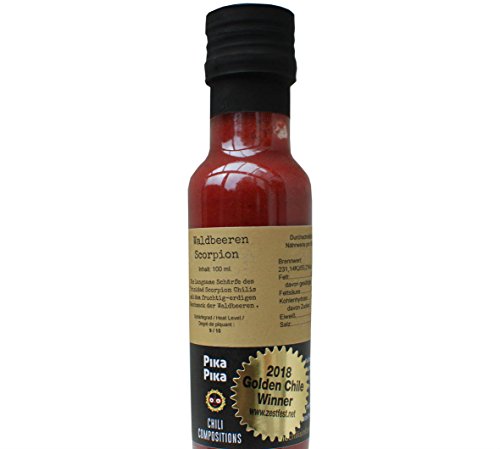 Frutos del Bosque con Trinidad Scorpion (100 ml.) / Ganador (Categoría Ultra-Hot) "Golden-Chile-Awards" Zestfest 2018, TX, EEUU / Nivel de picor: 9 von 10 (250 mil Scoville) / Made in Germany con corazón venezolano