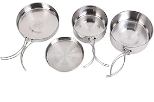 Wuudi Set di pentole da campeggio, in acciaio inox 304, 4 pezzi, Campeggio 4 Pezzi Pentola Set, con Manici Pieghevoli e Coperchio,Pentole Kit per Campeggio Cucina per Campeggio Trekking