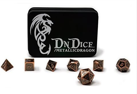 Metal Dice Set by DnDice - Poly Dice Set for D&amp;D in Metallic Dragon Insignia Tin (Metallic Bone Dragon Copper)