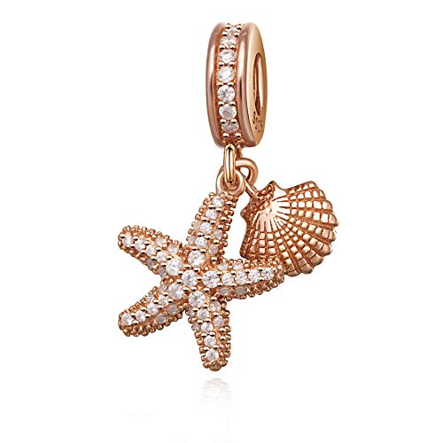 Hoobeads, Ciondolo a Forma di Stella Marina, in Argento Sterling 925, con Cristalli, per Natale, Festa della Mamma e Base, Colore: Rose Gold, cod