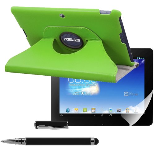 3in1 Set: kwmobile Hülle für Asus Memo Pad FHD 10 ME302C - 360° Standfunktion Case Tablet Schutzhülle Kunstleder - Smart Cover Tabletcase Grün + Folie, kristallklar + Stylus, Schwarz