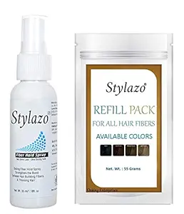 Stylazo Combo Pack Of Hair Fiber Hold Spray 35 ml and Hair Building Fiber Refill (Hair Loss Concealer) (55 gram, Dark Brown)