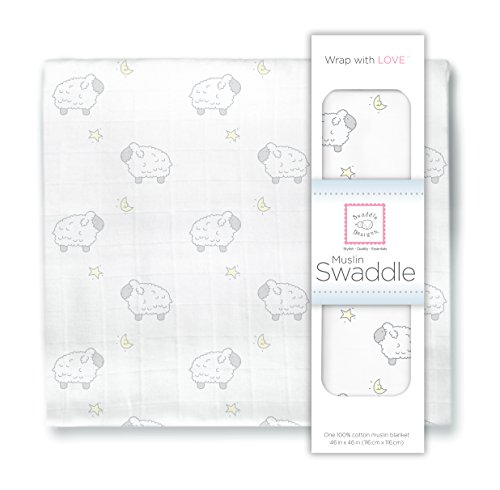 SwaddleDesigns X-Large Muslin Swaddle Blanket, Little Lambs and stars (Sterling)