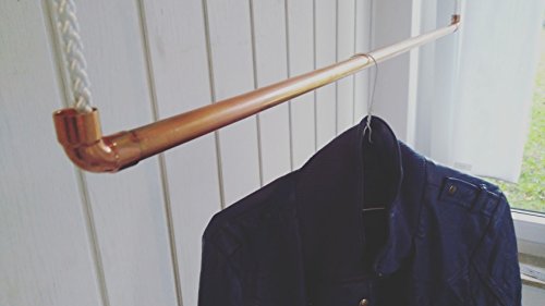 120 cm Premium Design Kleiderstange, Garderobenstange, aus Kupfer und Baumwollseil (weiß) hängend, Decken-Befestigung, Kleiderständer oder Garderobe, Shabby Chic, Vintage, Antik, Rosegold , livindo.pro