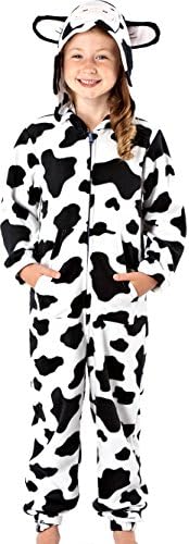 Childrens Black and White Cow or Dog Soft 160GSM Micro Fleece Face and Ears Hooded Onsie Loungesuit Pyjammas Size Age 7-8