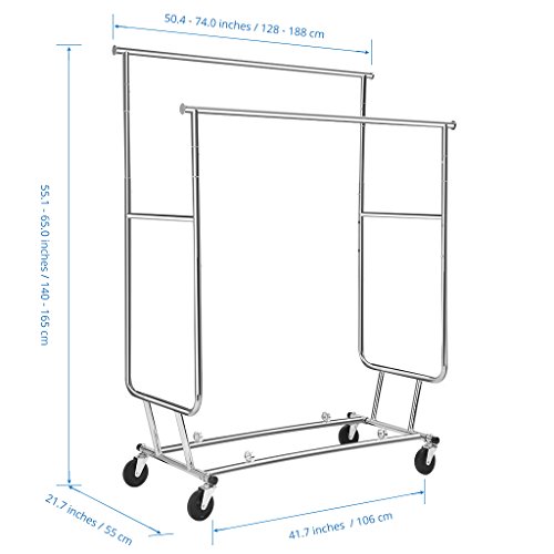 LANGRIA Zusammenklappbar Kleiderständer Rollbar Garderobenständer mit 2 Verstellbare Kleidertange, 4 Omnidirektionalen Rädern, Halten bis 250 lbs (55,1 bis 65,0 “ H x 50,4-74,0 “ W x 21.7 “ D), Chrom-Finish - 4