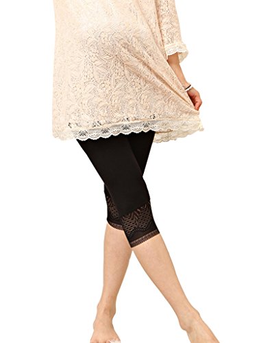 Liang Rou Maternity Elastane Adjust Waistband Cropped Leggings Lace Trim Color Black