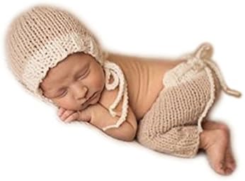 Handmade Infant Newborn Baby Girl Boy Crochet Knit Hat Pants Photography Props Outfits Beige Costume
