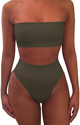 Sheler Women's 2 Piece Solid Bandeau Swimsuit Top Bottom Bikini Sets (Green, XL)