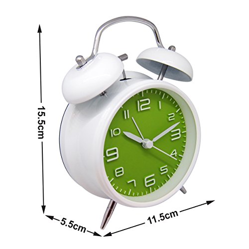 Königswerk Doppelglocken-Wecker mit Nachtlicht, geräuschloser Betrieb, Quarzuhrwerk, analog, Retro-Design, lauter Alarm, 10,2 cm – grün - 5