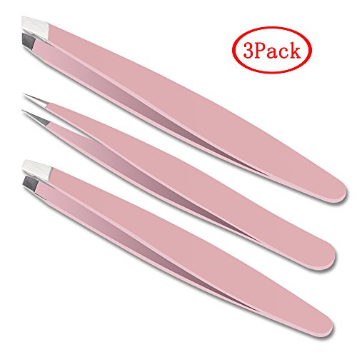 AMTOK Eyebrow Tweezers Set 3 Pcs Pointed Flat Slant Tip Tweezer Tool Kit Stainless Steel Eyebrow Plucking Tools, Pink