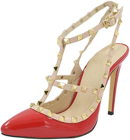 Oasap Women Stylish Rivet Closed Toe Stiletto High Heels, Red EURO37/US6/UK4