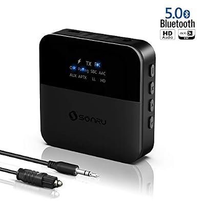 SONRU Adaptateur Bluetooth 2-en-1 Transmetteur et Récepteur, Bluetooth 5.0, Émetteur Bluetooth Optique Digital et Adaptateur RCA Audio 3.5mm, AptX LL AptX HD, Double Appairage, Récepteur de Musique
