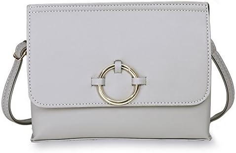 Minimalist Design Crossbody Bag with Adjustable Strap (Detachable), Vegan Leather Mini Flap Shoulder Bag with Metal Hoop for Women's Fashion (Grey)