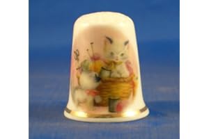 BIRCHCROFT CHINA Porcelain China Collectable Thimble Kitten in Sewing Basket