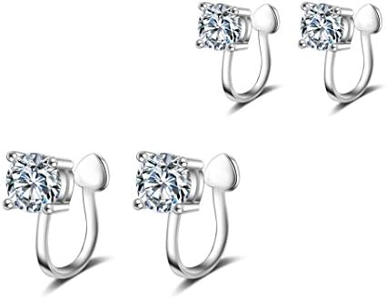 SELOVO 6mm and 4mm Stone CZ Crystal Unique Ear Cuff Clip On Earrings Set 2 Pcs Silver Tone