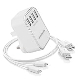 Portable 4.8A 24Watt Output Quad 4 USB Charging Ports Wall Charger UK Plug Adapter with smart device recognition feature compatible with many devices like Nokia, LG G3/G4, Google Nexus 7, Samsung Galaxy S5/S4/S3, Tab 3, Note 3/2, aPad/ePad Android Tablet, TomTom, Garmin and many other devices and e-readers that can be charged via the wall socket (4.8A 4xUSB ports White) (Electronics)