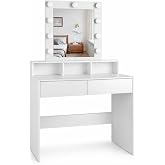 Makeup Vanity with Light | Vanity Cabinet with Mirror 2 Drawers and Storage Shelves | Modern White Makeup Table for Bedroom D