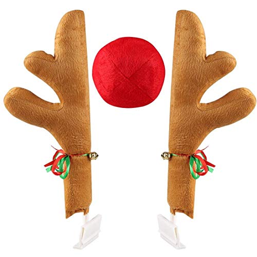 XONOR Christmas Car Antlers, Reindeer Antlers with Plush Reindeer Nose for Car Grille, Reindeer Ears Car Costume for Christmas - Full Set with 2 Antlers and 1 Reindeer Nose (Khaki)
