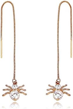 TOP TRENDY Spider Rose Gold Plated Pull Through Threader Long Chain Drop Tassel Cubic Zirconia Dangle Earrings
