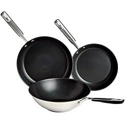 AmazonBasics Ensemble poêles à frire et wok 3 éléments en acier inoxydable pour induction, poêles à frire 24 cm, 28 cm et wok 28 cm, revêtement anti-adhésif, poignée douce au toucher