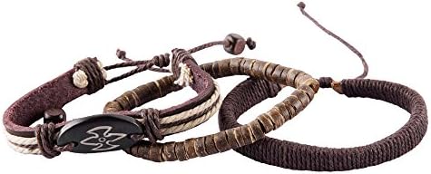 NovaLuna Mystic Forest 'in Wrap Look with Sliding Knot Fastener – Surfer Bracelet Flat Beads Wood Coconut Shell Rondelle Wide Band Strap Wood Amulet Jewellery – Accessory, Brown