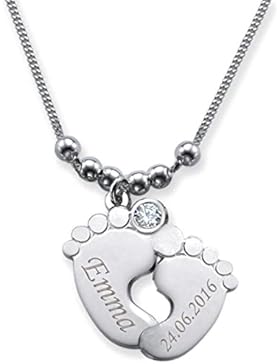 Doppel - Babyfuß Anhänger inkl. Gravur des Namen+Geburtsdatum Mit farbigem Geburtsmonat Swarovski Kristall (Geburtsstein...