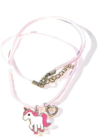 Fizzy Button Gifts Pink glitter unicorn and heart charm necklace with pink necklace cord, presented in gift bag, for girls party bags