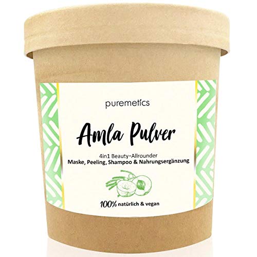 Amla en polvo 200 gr | 100% natural | Para la piel y el cabello | Mascarilla facial & Champú | Amla pura en polvo vegana | Puremetics | Pure Amla Hair- & Skincare Powder