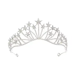 Wedding Prom Bridal Star Crown Rhinestone Crystal Headband Veil Tiara (Sliver)