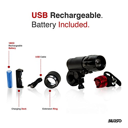 Biluso Fahrradlicht Set – LED Fahrradbeleuchtung für vorne und hinten – Wasserdichte Fahrradlampe USB-aufladbare Scheinwerfer – Geeignet für Mountainbikes , BMX und fahrrad – Batterien enthalten – Höchste Sicherheit auf der Straße - 2